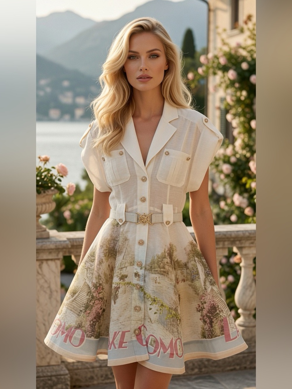 Zimmermann Cream Belted Mini Dress with Pastel Lake Print